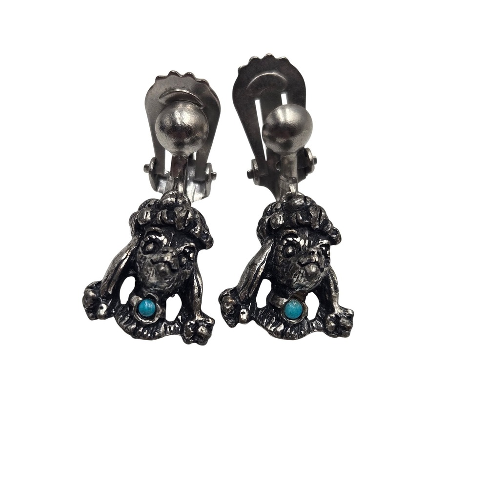Vintage JJ Jonette Jewelry Silver Tone Poodle Dog Clip On Earrings Turquoise Eye